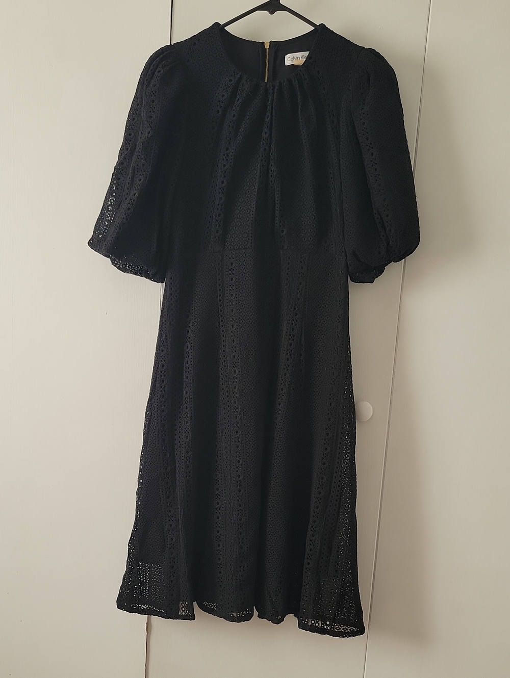 Calvin Klein Black Eyelet Midi Dress with Puff Sleeves